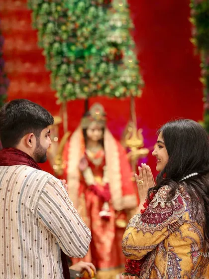 Seeking blessings together. Our traditional outfits for the Mata Ki Chowki were chosen to be respectful of the occasion while still reflecting our personal style as a couple.
