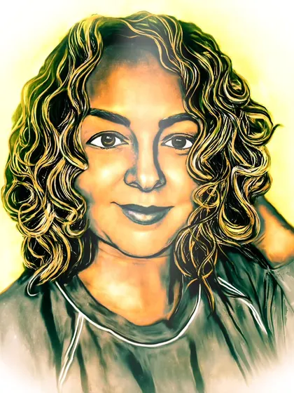 A second commissioned digital portrait for my client Debi. This one captures a different pose and expression, painted with a warm, glowing effect.