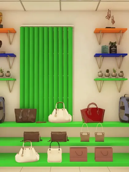 Here, I designed a flexible shelving system for accessories like handbags. The bright green shelves are staggered at different heights to create visual interest and allow for products of various sizes to be displayed effectively.