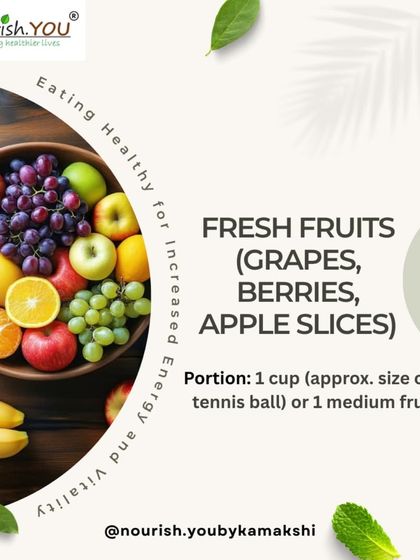 A portion guide for fresh fruits like grapes, berries, and apple slices. One cup, or about the size of a tennis ball, is a great portion for a snack packed with vitamins and fiber.