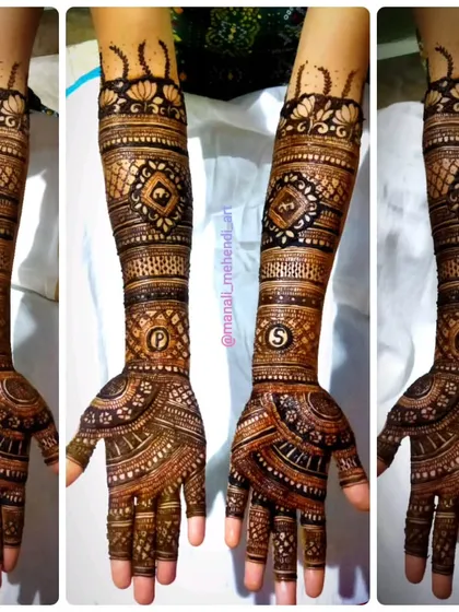 A collage showing a full-arm design where the initials 'S' and 'P' are prominently featured. This is a great way to personalize the mehandi while keeping the overall pattern traditional.