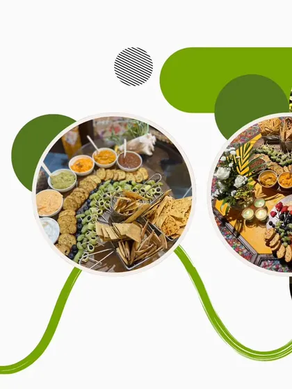 A graphic showcasing my catering for housewarming events, with images of delicious grazing boards and appetizer platters.