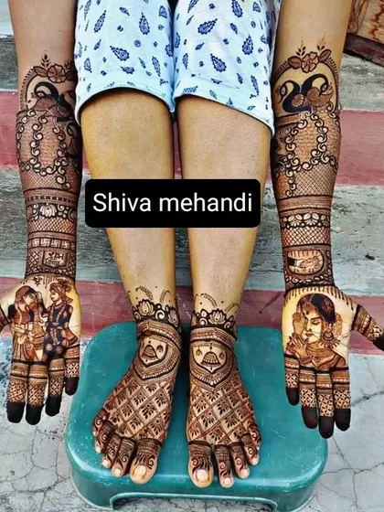 A complete bridal look with coordinated mehendi for both hands and feet. The hands feature detailed couple portraits, while the feet are adorned with matching geometric patterns and traditional symbols for a cohesive look.