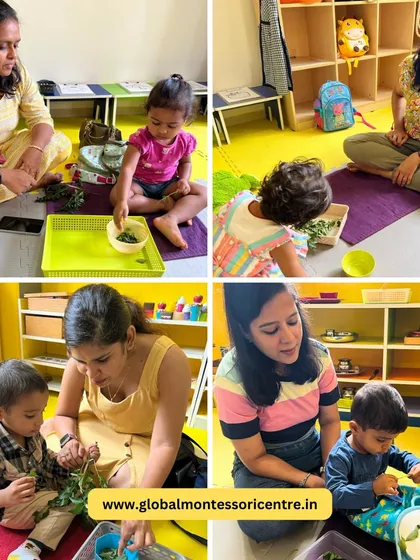 A collage capturing the joy and concentration of our playgroup children and their parents during the curry leaf plucking activity.