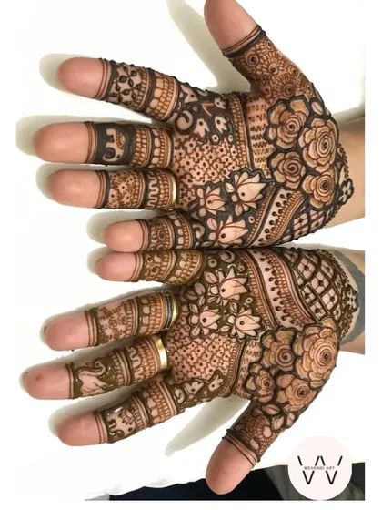 A close-up of the back of the hands, showing a design chosen by the client.