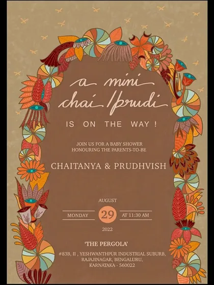 Announce your new arrival with a truly unique digital baby shower invitation. For this couple, we played with their names to create the "a mini chai/prudi is on the way" concept, framed by a warm, earthy floral arch that perfectly matched the vibe of their celebration.