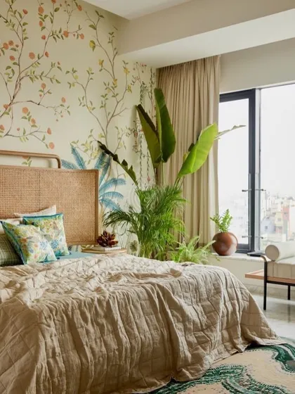 A beautiful bedroom featuring a custom spring garden mural. The soft colors and botanical elements create a serene and refreshing atmosphere, making the wall a stunning focal point.