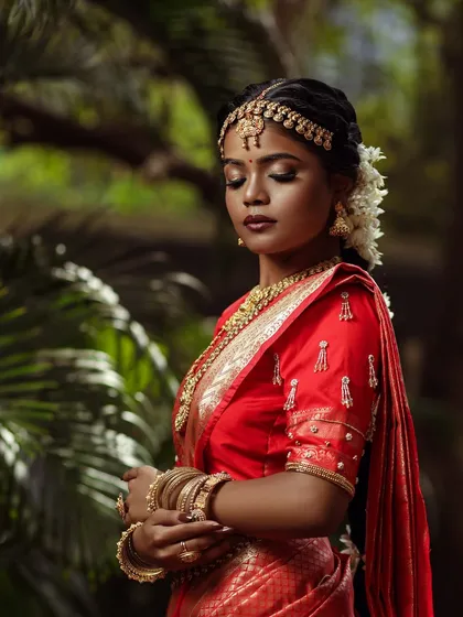 A serene moment captured during the shoot. The makeup is soft yet defined, with an emphasis on a perfect base and subtly enhanced features to create a timeless bridal portrait.
