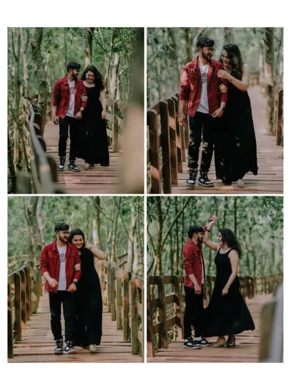 A collage of the couple on a wooden bridge, capturing their playful interactions, including a sweet dance moment.