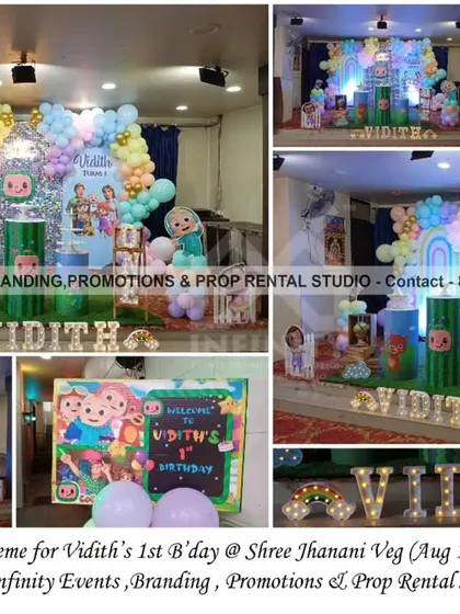 We transformed a space at Shree Janani Veg into a vibrant Cocomelon world for Vidith’s first birthday. This setup features character cutouts, a colorful balloon arch, and a personalized milestone board, showing how we bring popular themes to life with a unique touch.