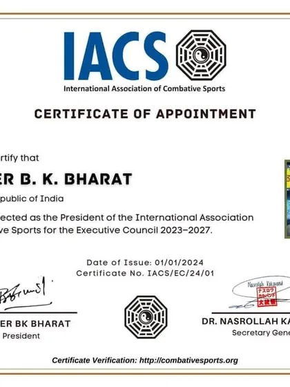 We believe in leading by example. This is the official Certificate of Appointment for our founder, Master B. K. Bharat, as President of the International Association of Combative Sports (IACS) for 2023-2027, showcasing our leadership's standing in the global martial arts community.