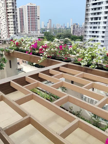 A stunning terrace garden we designed, bringing a burst of color against the Mumbai skyline. We used a mix of vibrant bougainvillea in custom planters to create a luxurious and inviting outdoor space perfect for relaxing.