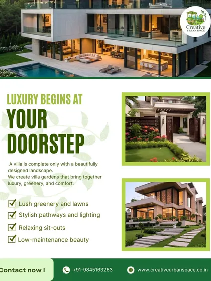 This graphic summarizes my approach to villa gardens. I focus on creating a complete lifestyle upgrade with lush greenery, stylish pathways, relaxing sit-outs, and smart lighting, all designed for low-maintenance beauty that complements modern architecture.