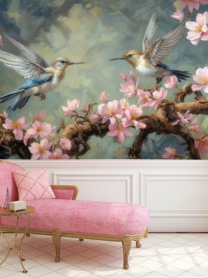 This beautiful wallpaper mural depicts two hummingbirds among pink cherry blossoms. The painterly style adds an artistic and romantic touch to the room.