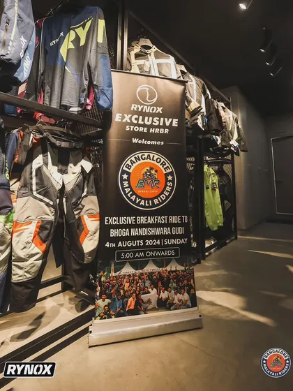 The official welcome banner for our exclusive breakfast ride, hosted at the Rynox store. Partnerships like these make our community rides even more special.