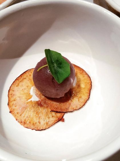 A nostalgic palate cleanser. This "Plum ka Khatta" is a cold, crisp, and sharp-flavored sorbet served on a sweet potato chip, evoking after-school kala khatta memories.