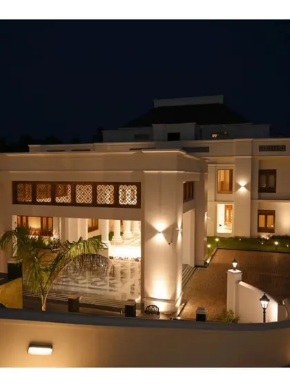 The same residence viewed at night, where architectural lighting plays a key role. We use lighting to accentuate the building's form, create ambiance, and ensure the home is as stunning after dark as it is during the day.