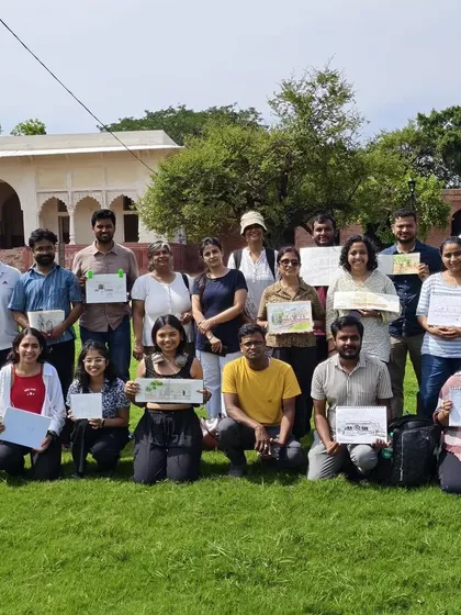 The Urban Sketchers Delhi group proudly displaying our work after a productive morning sketching at Sher Mandal. The sense of community is one of the best parts of these outings.