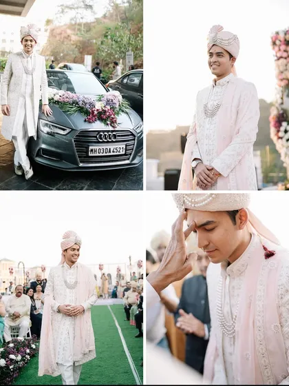 A collage of the groom's journey to the wedding venue, from arriving in his decorated car to his final moments before seeing his bride.