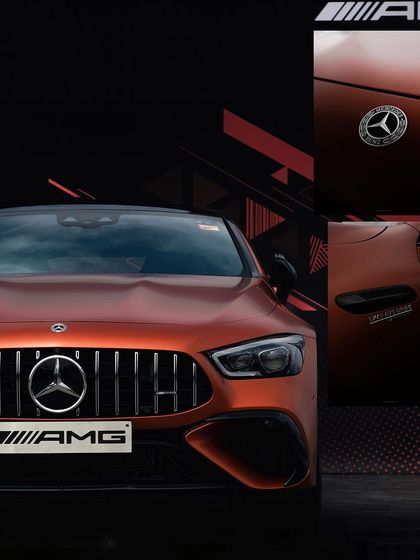 A collage showcasing the front grille and badging details of a Mercedes-AMG. Close-up shots like these emphasize the premium craftsmanship and powerful branding of luxury performance cars.
