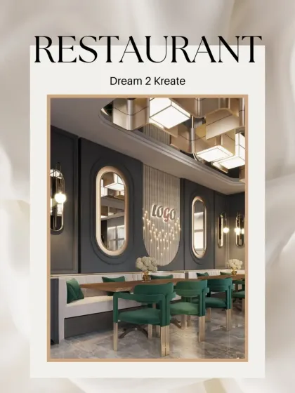 A promotional graphic showcasing the key elements of the luxurious restaurant design, from the seating to the lighting.