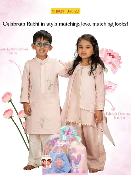 I design outfits that help you celebrate special bonds, like this one for Rakhi. This custom brother-sister set in a soft blush pink features delicate peony embroidery on his kurta and a beautifully draped kurta for her, making their celebration extra memorable.