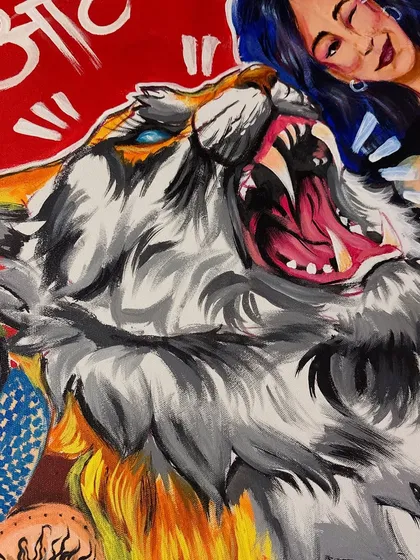 Another detail from the same pop-art piece, focusing on the fierce expression of the tiger and the dynamic brushwork.