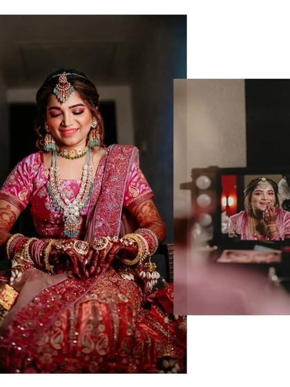 A creative shot of the bride getting ready, reflected in her makeup mirror.