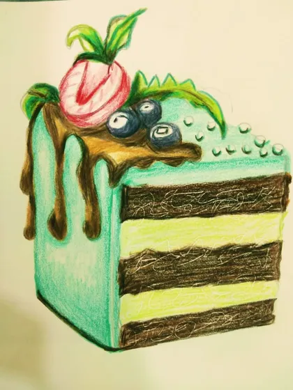 A delicious-looking slice of cake drawn with color pencils. The details on the strawberry and frosting are wonderful.
