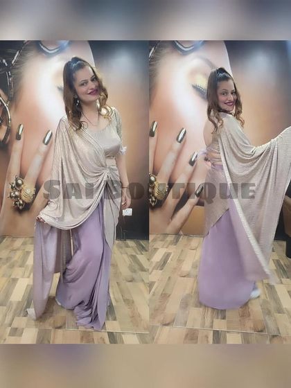 A modern drape-style outfit in two tones of lavender and beige. This is a very chic and high-fashion look.