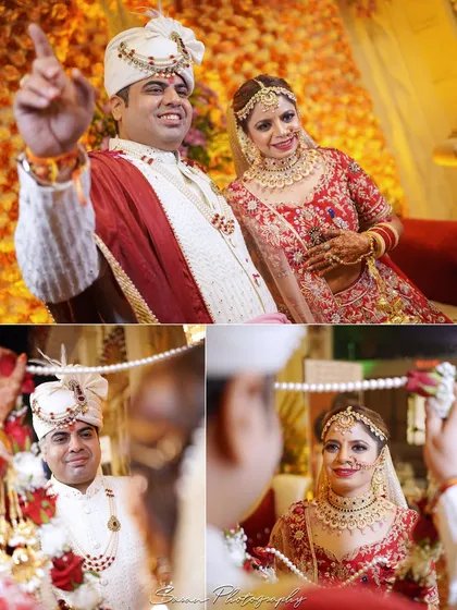 A collage of candid moments from the wedding ceremony, showing the couple's happy and emotional expressions.