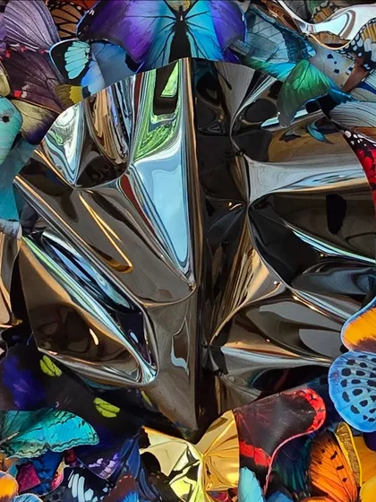 A macro shot of the center of "Metamorphosis in Metal," where the butterflies meet the steel.