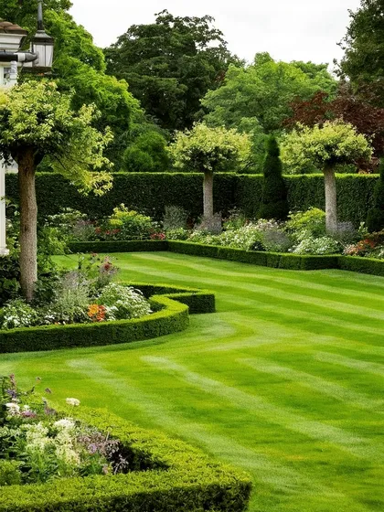 A formal garden with a striped lawn, sculpted hedges, and layered flower beds. This classic English garden style requires precise maintenance, which we provide to keep it looking its best.