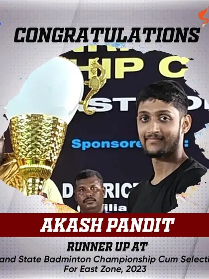 Well done to Akash Pandit for finishing as the runner-up in the Men's Doubles category at the Jharkhand State Badminton Championship. This performance also secured his selection for the East Zone trials, showcasing a clear pathway for advancement.