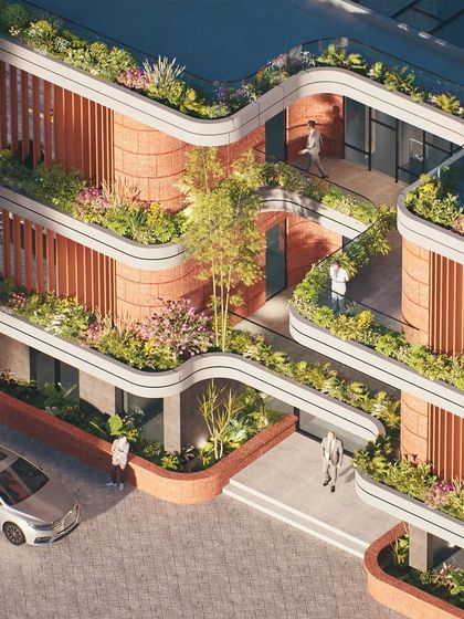 A render of the industrial estate's administration block, showing how the terraced green spaces create a biophilic and human-centric environment, even within an industrial context.