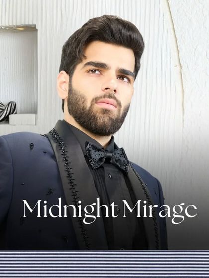 Midnight Mirage. This graphic-enhanced image presents the navy blue tuxedo with beaded lapels, emphasizing its mysterious and luxurious appeal for evening events.