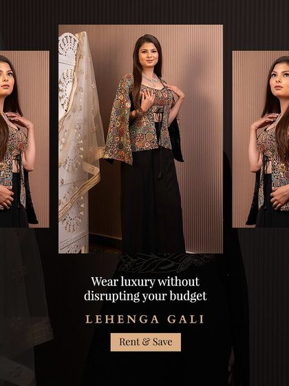 Wear luxury without disrupting your budget. This collage shows different angles of the black palazzo set with the printed jacket.