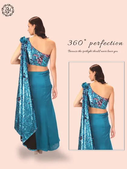 I believe in 360-degree perfection because the spotlight should never leave you. The back of this ensemble reveals a stunning sequined blouse, ensuring you look captivating from every angle.