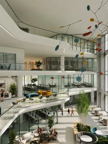 The flowing curves of this corporate headquarters redefine modern architecture. We designed the central atrium and open, dynamic spaces to foster collaboration and creativity, integrating lush greenery on every level to merge sustainability with a futuristic aesthetic.