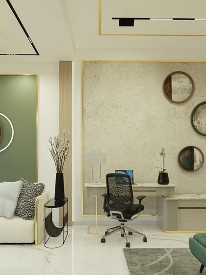 The view towards the study area and wardrobe, showcasing the use of green accents and circular mirrors for decoration.