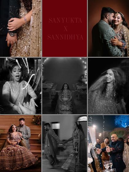 A collage summarizing the pre-wedding festivities, from portraits and dance shots to a champagne celebration.