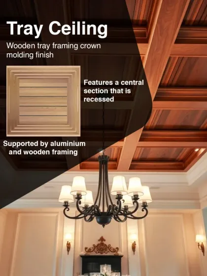 A tray ceiling features a recessed central section, often supported by aluminum and wooden framing. This design adds depth and a touch of classic elegance, especially with crown molding.