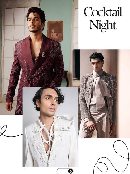 For the Cocktail Night, we can experiment with bold and modern silhouettes. This mood board features a structured burgundy suit, an avant-garde draped jacket, and a unique white piece with intricate detailing.