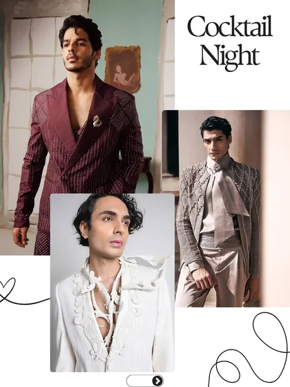 For the Cocktail Night, we can experiment with bold and modern silhouettes. This mood board features a structured burgundy suit, an avant-garde draped jacket, and a unique white piece with intricate detailing.