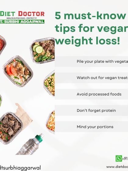 Here are five must-know tips for vegan weight loss. I guide my vegan clients to pile their plates with vegetables, watch out for processed vegan treats, and ensure they get enough protein.