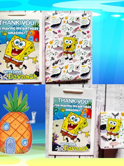 The custom SpongeBob paper bags and gift wrap feature a personalized thank you message from the birthday boy, Devansh.