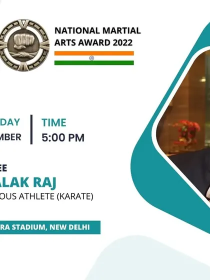 We celebrate excellence in our community. This is an announcement for the National Martial Arts Award 2022, recognizing Shivalak Raj as a Meritorious Athlete in Karate.