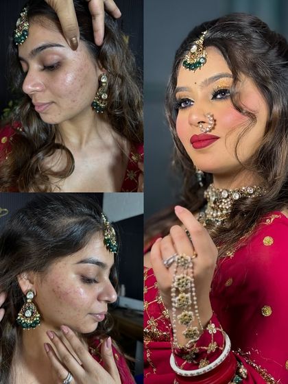 This before-and-after collage highlights how I work with skin that has some texture and acne. The final look is a flawless, glowing base with a bold red lip that looks stunning and feels comfortable.