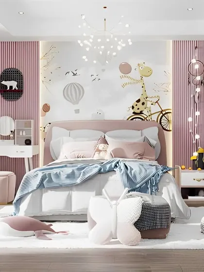 This charming girl's room features a soft pink color palette, a hot air balloon and giraffe wall mural, and whimsical lighting to create a light and airy feel.