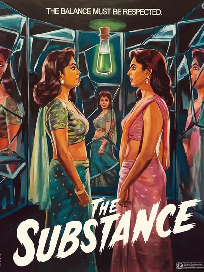 Another Indian-style poster for 'The Substance', this one focusing on the theme of duality and reflection, rendered in a classic painted style.